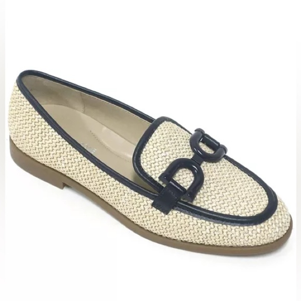 Kenneth Cole Linda Bit Raffia Loafers Navy Tan Woven Old Money Coastal Nautical
